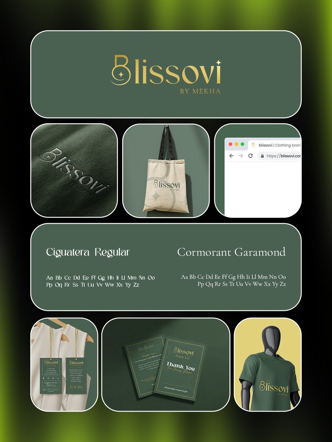 Blissovi by Mekha brand identity board — logo, tote bag, swing tags and Cormorant Garamond type system